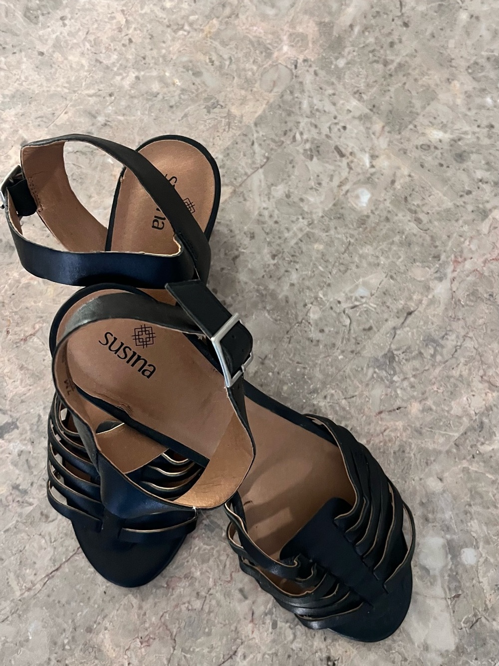 Susina Black Strappy Leather Sandals with Ankle Buckle